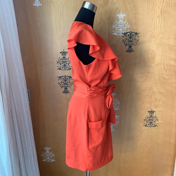 Vintage Y2K 2000s Bebe Coral Orange Ruffle Sleeve Zip-Up Mini Dress Tie Belt S/M - Picture 10 of 15